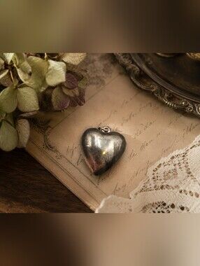 Vintage Puffy Heart Pendant Charm – Silver Tone Romantic Necklace Pendant